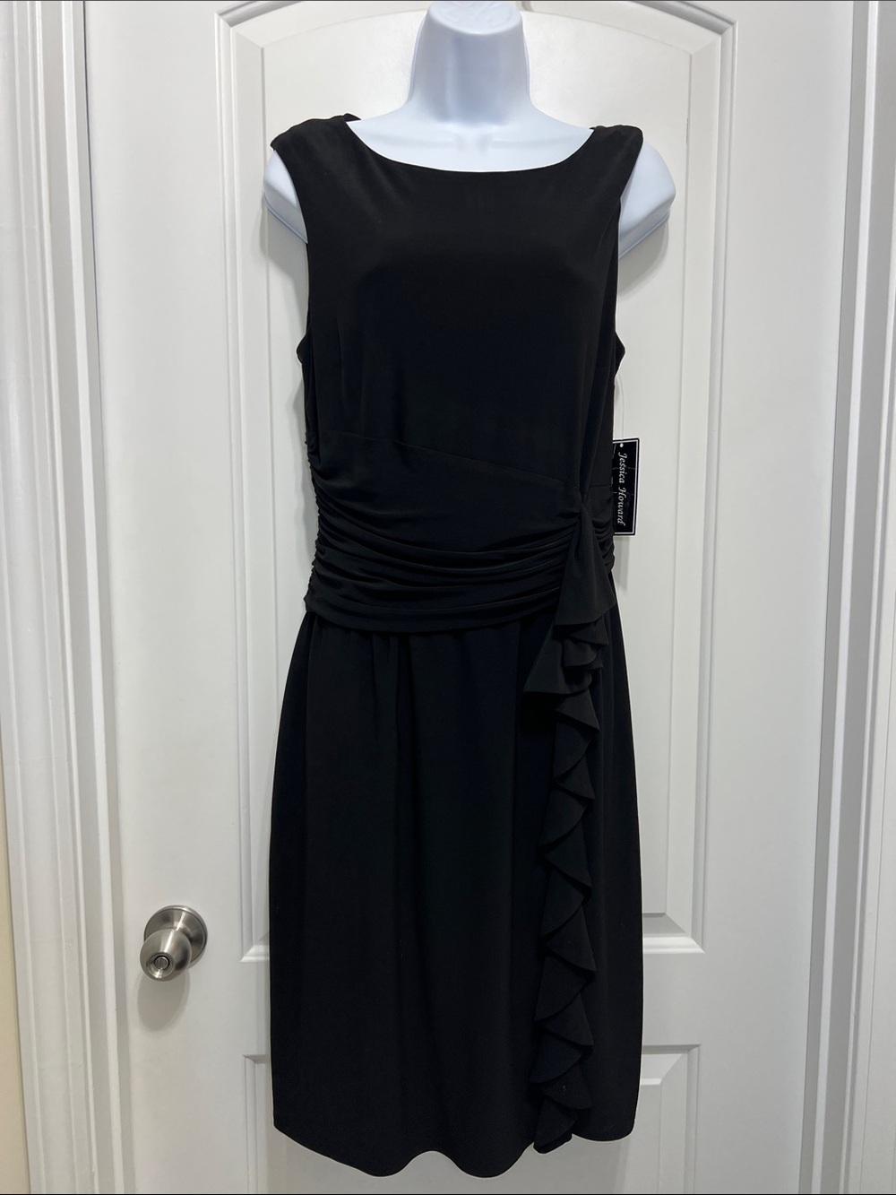 Jessica Howard Black Sleeveless Midi Dress with Side Ruffle